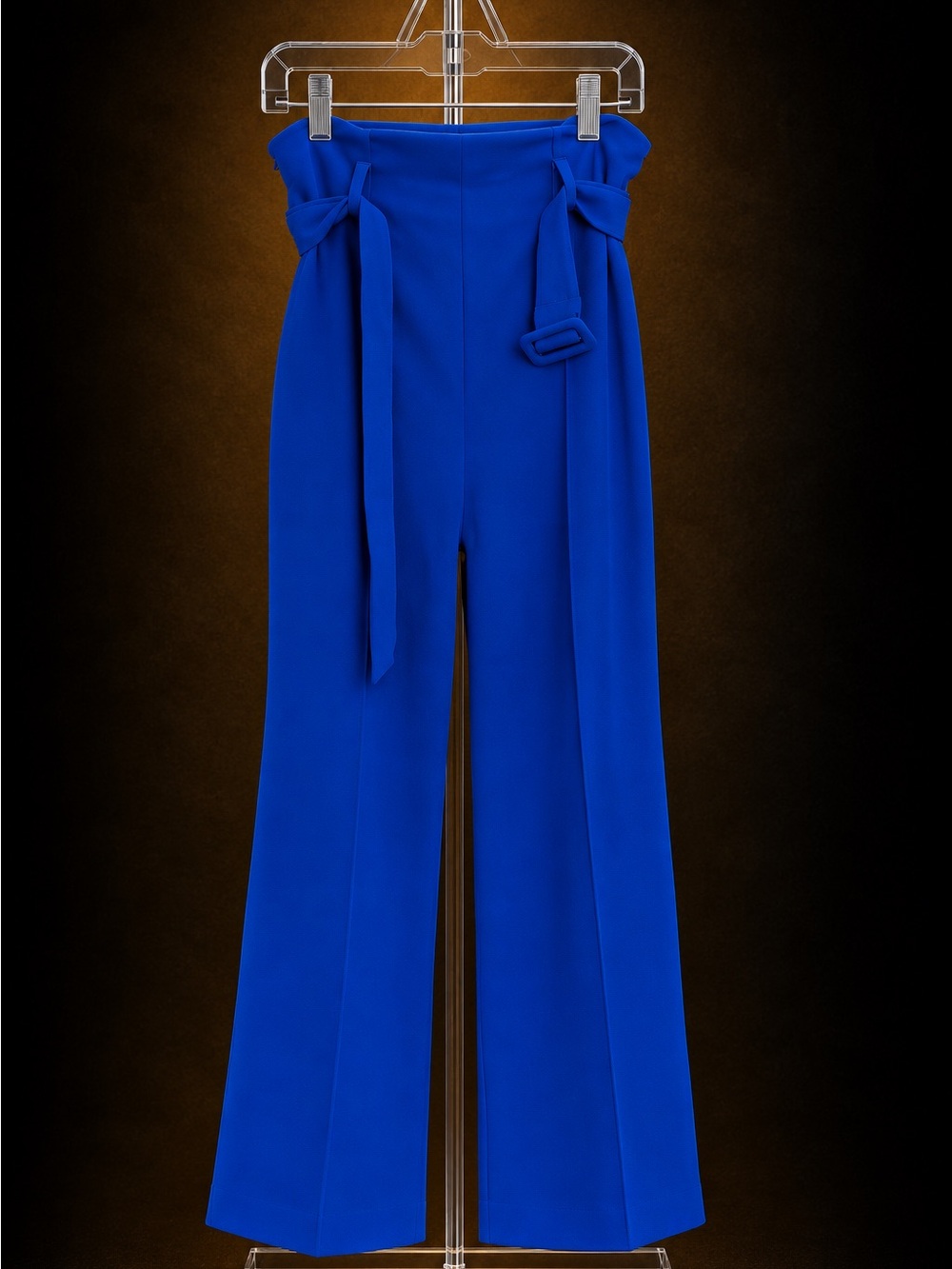 High-Waist Wide-Leg Pants with Waist Tie - Blue